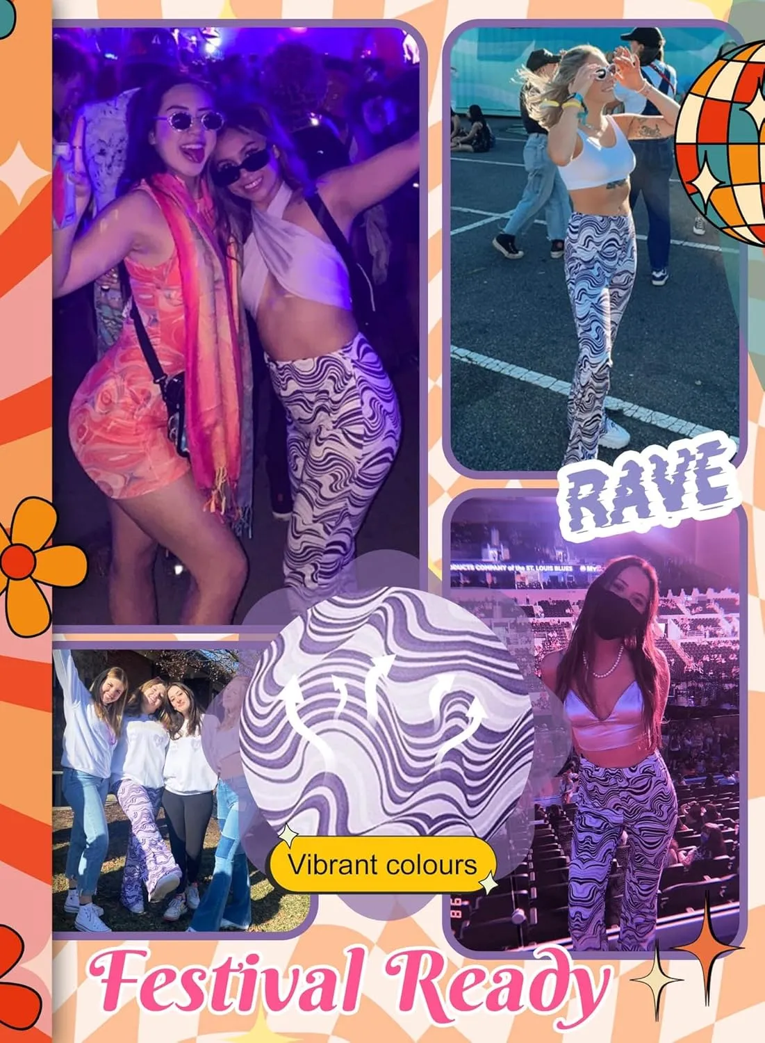 Rave Flare Pants for Women - EDC 70s Wide Leg Flair Leggings Disco Festival Outfits High Waist Bell Bottom Trousers
