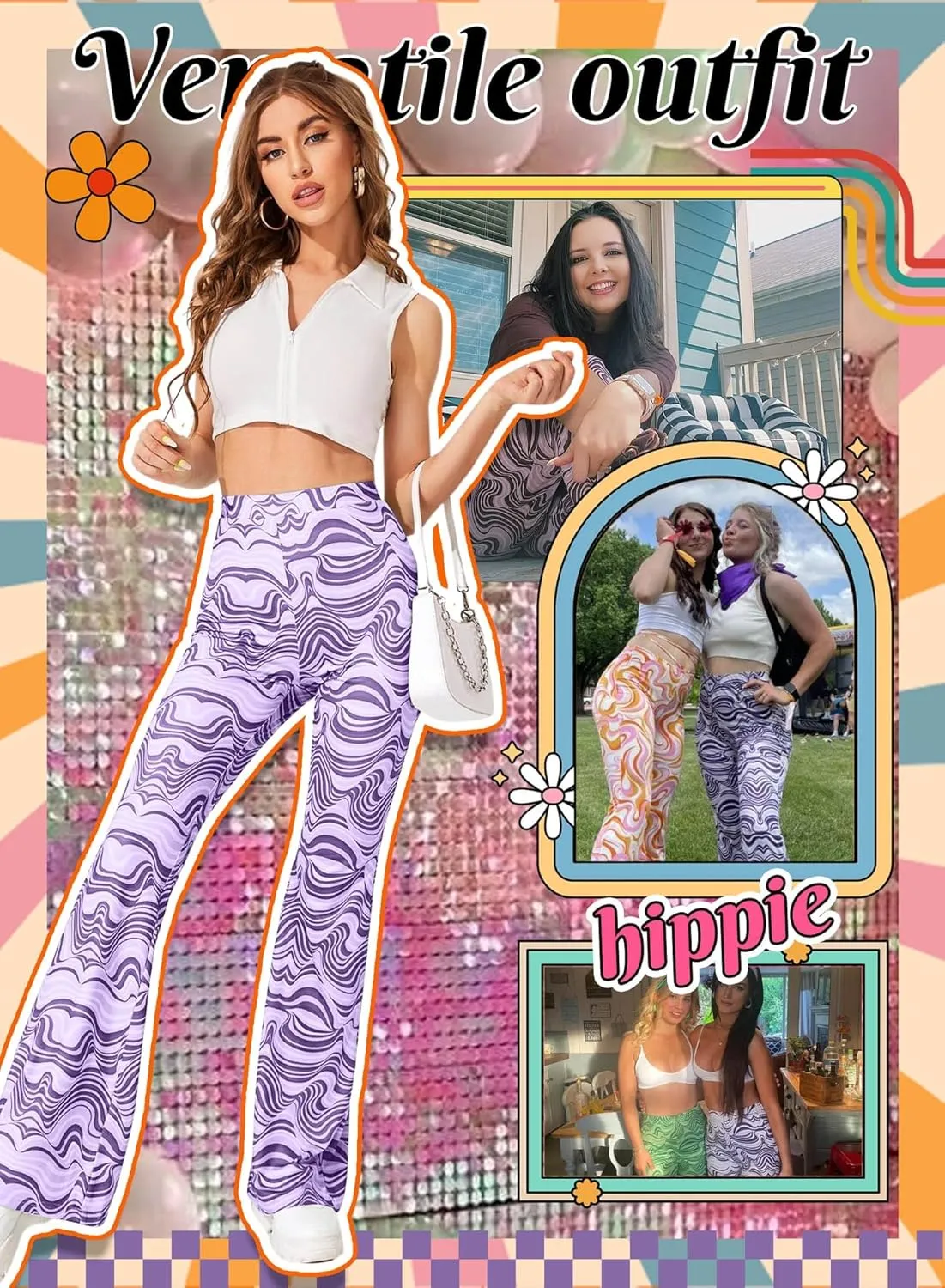 Rave Flare Pants for Women - EDC 70s Wide Leg Flair Leggings Disco Festival Outfits High Waist Bell Bottom Trousers