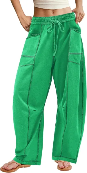 ReachMe Womens Barrel Baggy Sweatpants High Waisted Wide Leg Pants Drawstring Beach Pants Summer Vacation Outfits