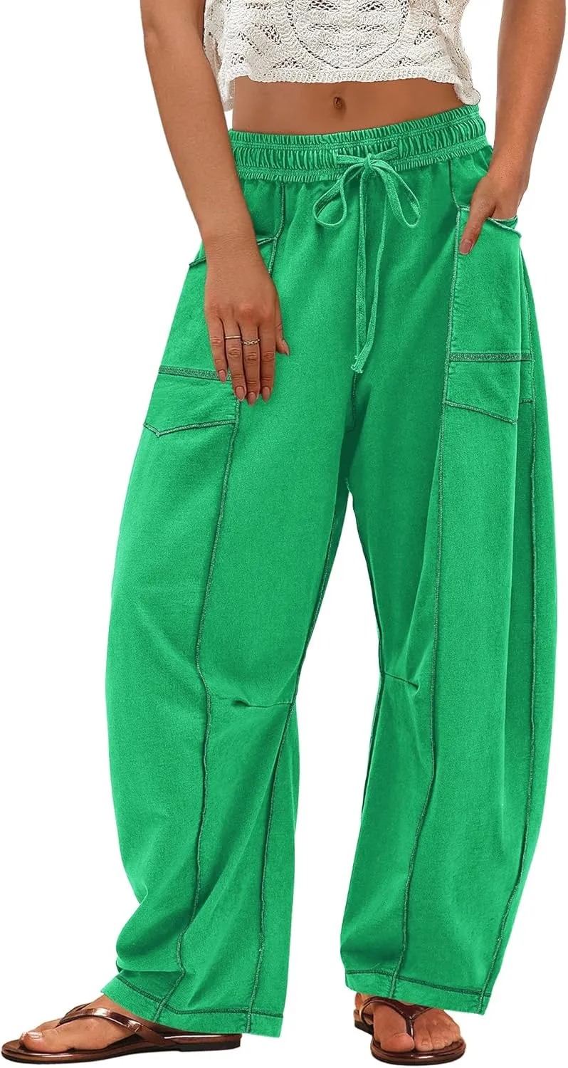 ReachMe Womens Barrel Baggy Sweatpants High Waisted Wide Leg Pants Drawstring Beach Pants Summer Vacation Outfits