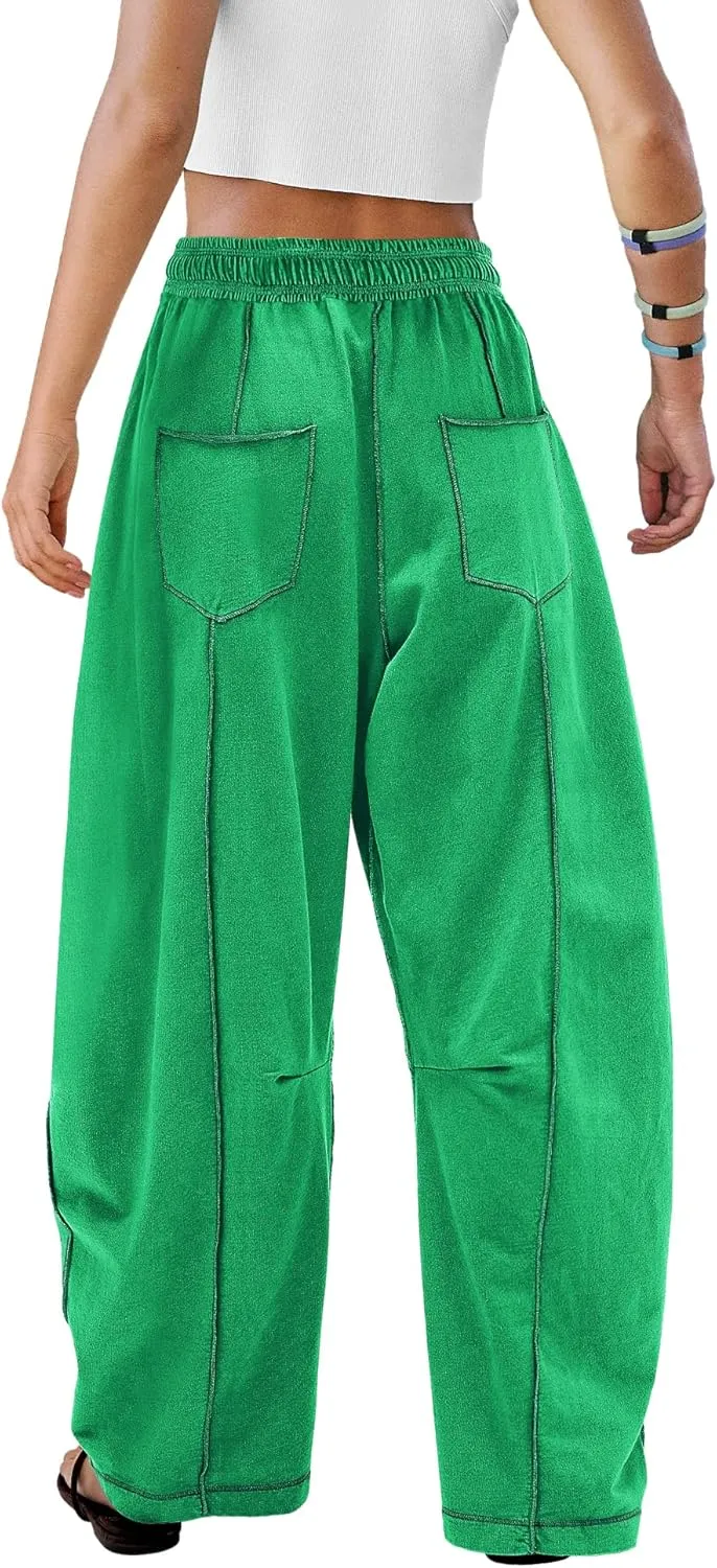 ReachMe Womens Barrel Baggy Sweatpants High Waisted Wide Leg Pants Drawstring Beach Pants Summer Vacation Outfits