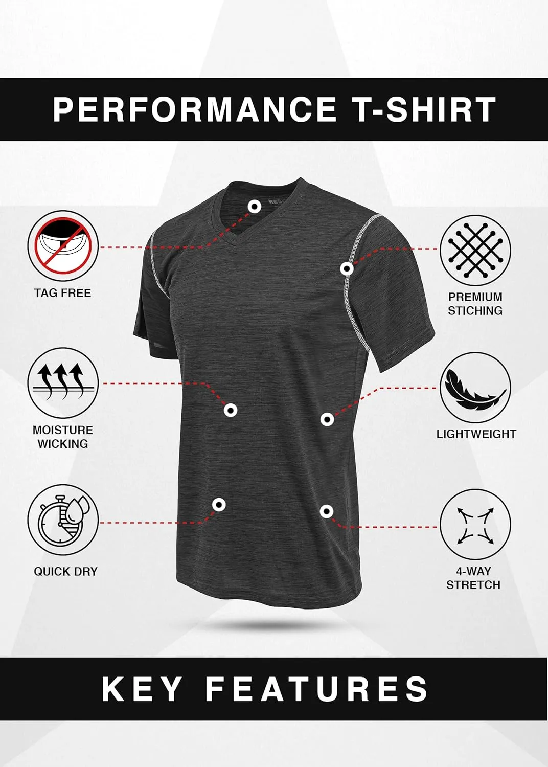 Reset 4 Pack Workout Shirts for Men, Active Athletic Performance V Neck Gym T Shirts