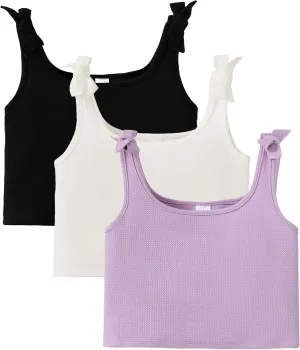 ROMPERINBOX Girls Tank Tops 8-12 Years 3 Pack Tween Girl Knot Shoulder Textured Crop Tank Top