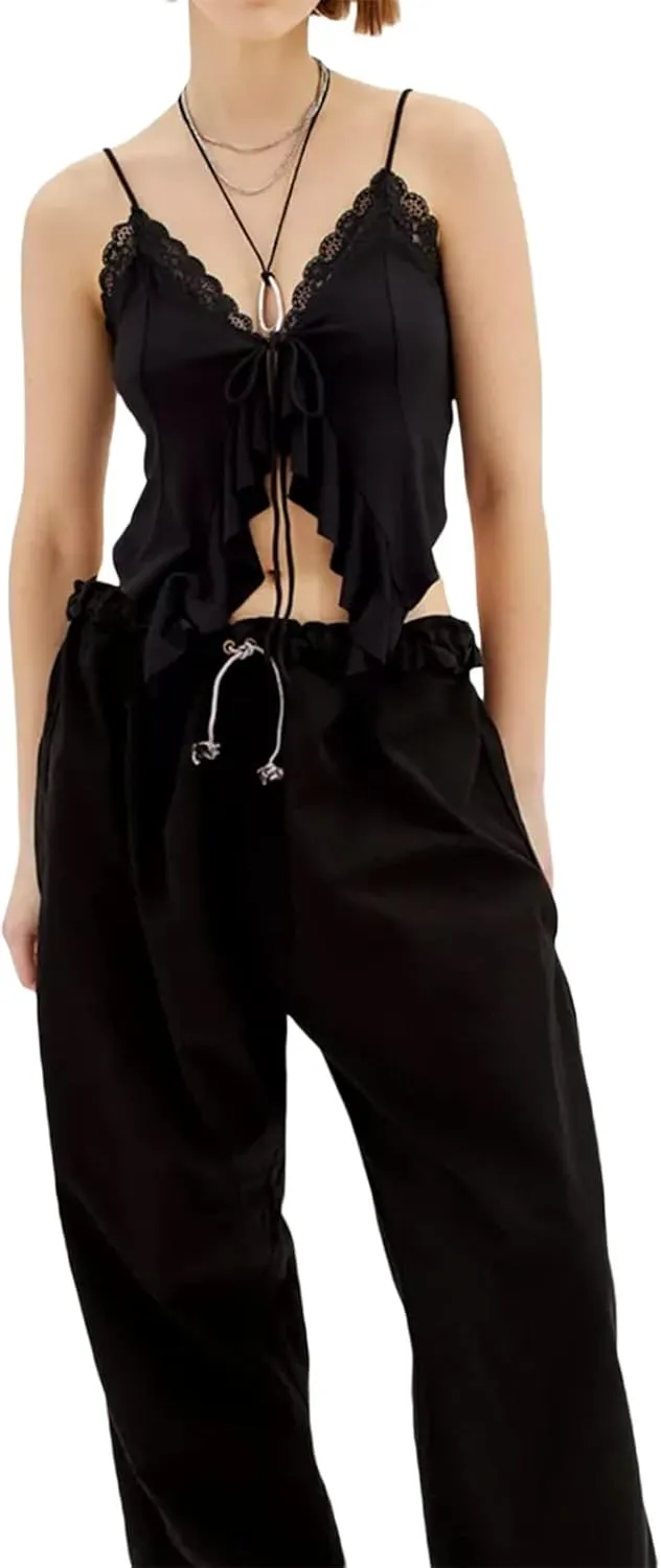 RUEWEY Women's Summer Tie Up Camisole Tops Lace Sleeveless V Neck Irregular Ruffle Bustier Tops Crop Tops
