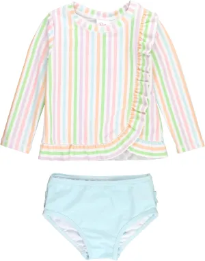 RuffleButts Baby/Toddler Girls Ruffled Long Sleeve Rash Guard 2-Piece UPF50  Sun Protected Swimsuit