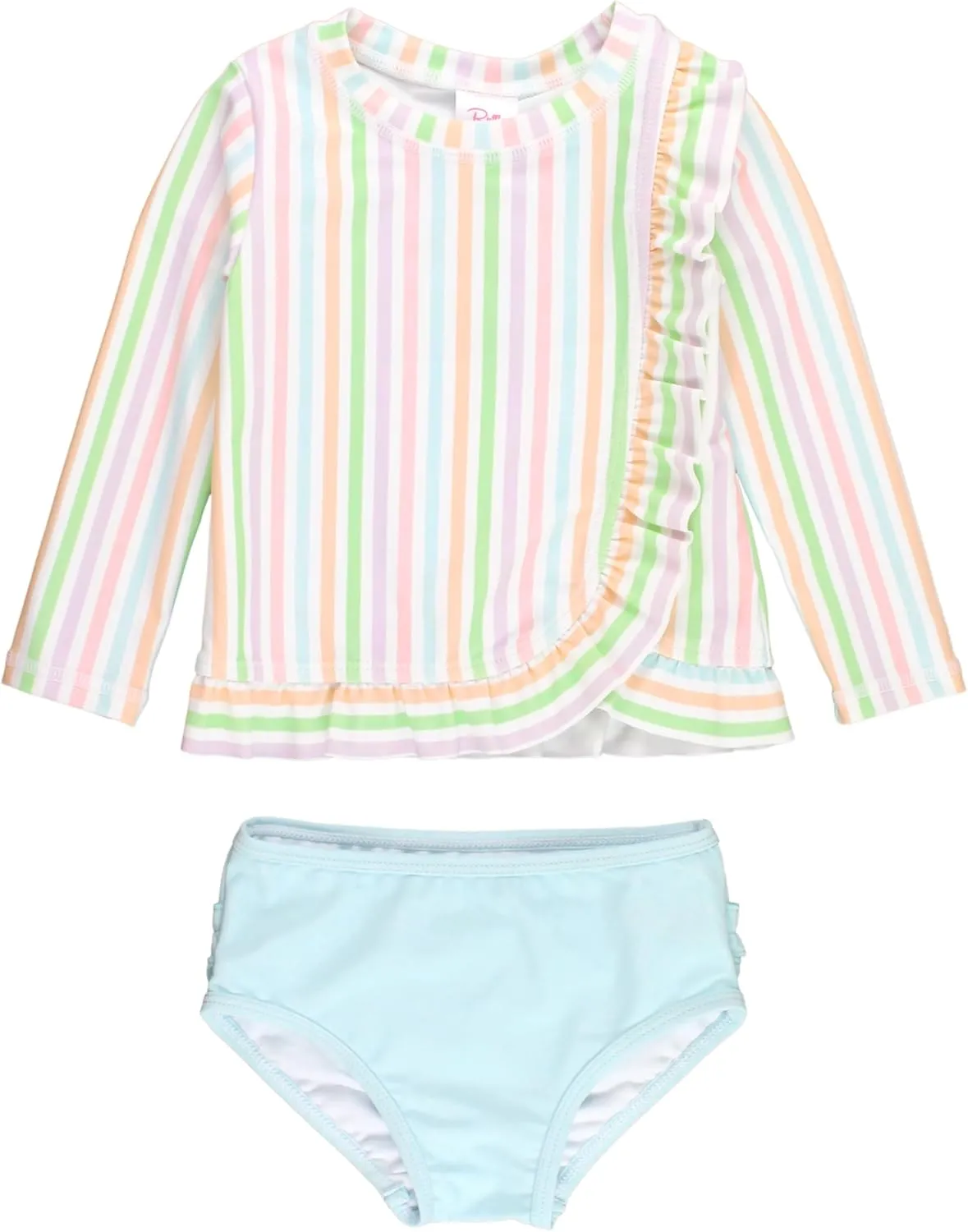 RuffleButts Baby/Toddler Girls Ruffled Long Sleeve Rash Guard 2-Piece UPF50  Sun Protected Swimsuit