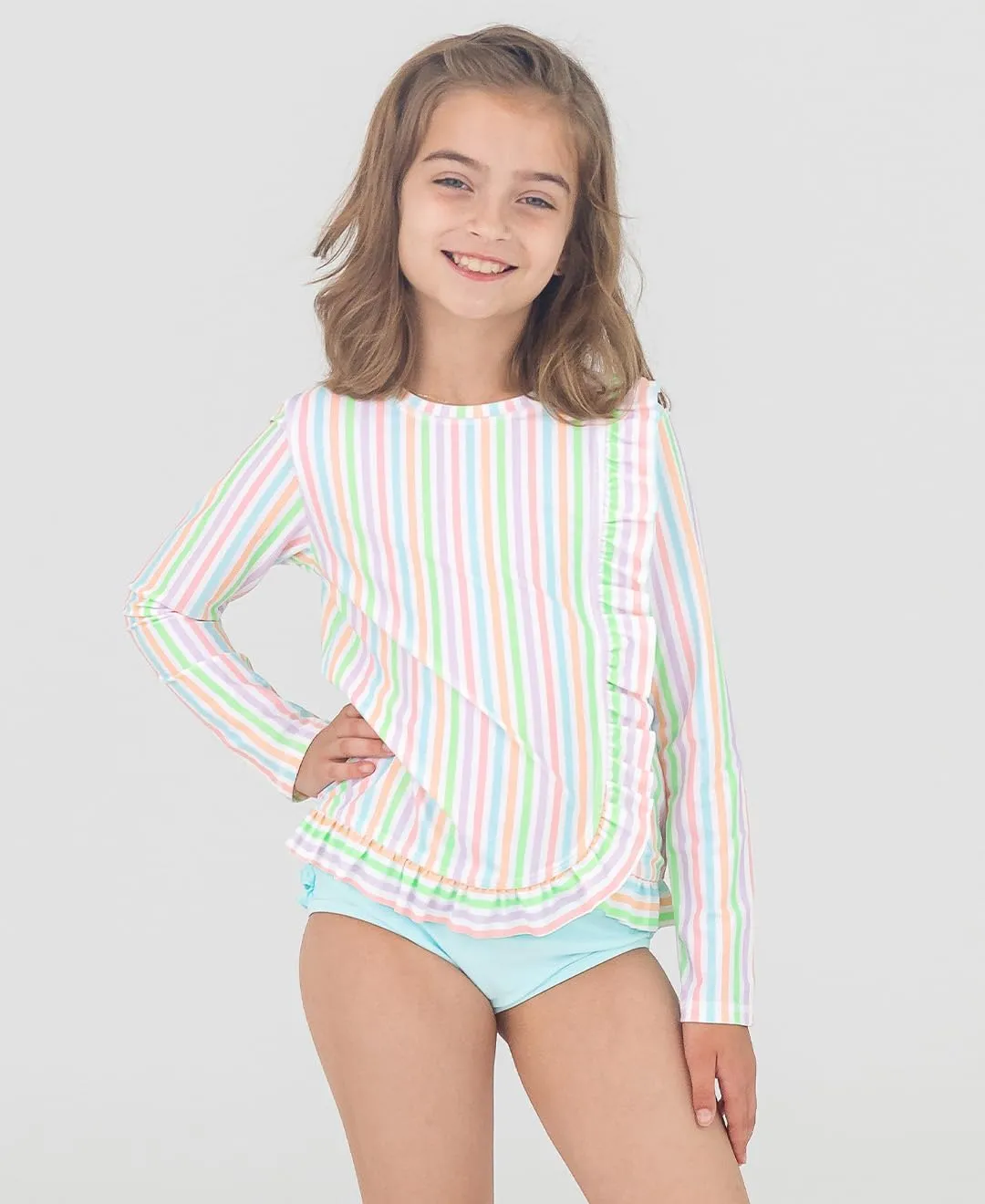 RuffleButts Baby/Toddler Girls Ruffled Long Sleeve Rash Guard 2-Piece UPF50  Sun Protected Swimsuit