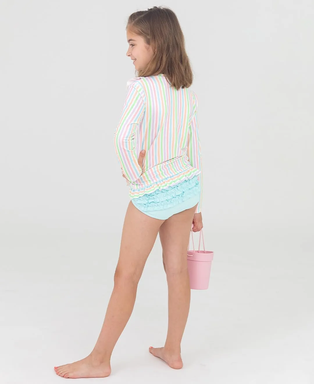 RuffleButts Baby/Toddler Girls Ruffled Long Sleeve Rash Guard 2-Piece UPF50  Sun Protected Swimsuit