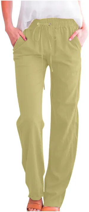 Ruziyoog Summer Cotton Linen Pants for Women Casual Solid Straight Leg Pants Drawstring Elastic High Waist Palazzo Trousers