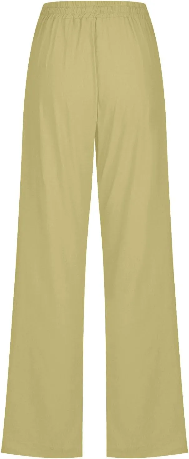 Ruziyoog Summer Cotton Linen Pants for Women Casual Solid Straight Leg Pants Drawstring Elastic High Waist Palazzo Trousers