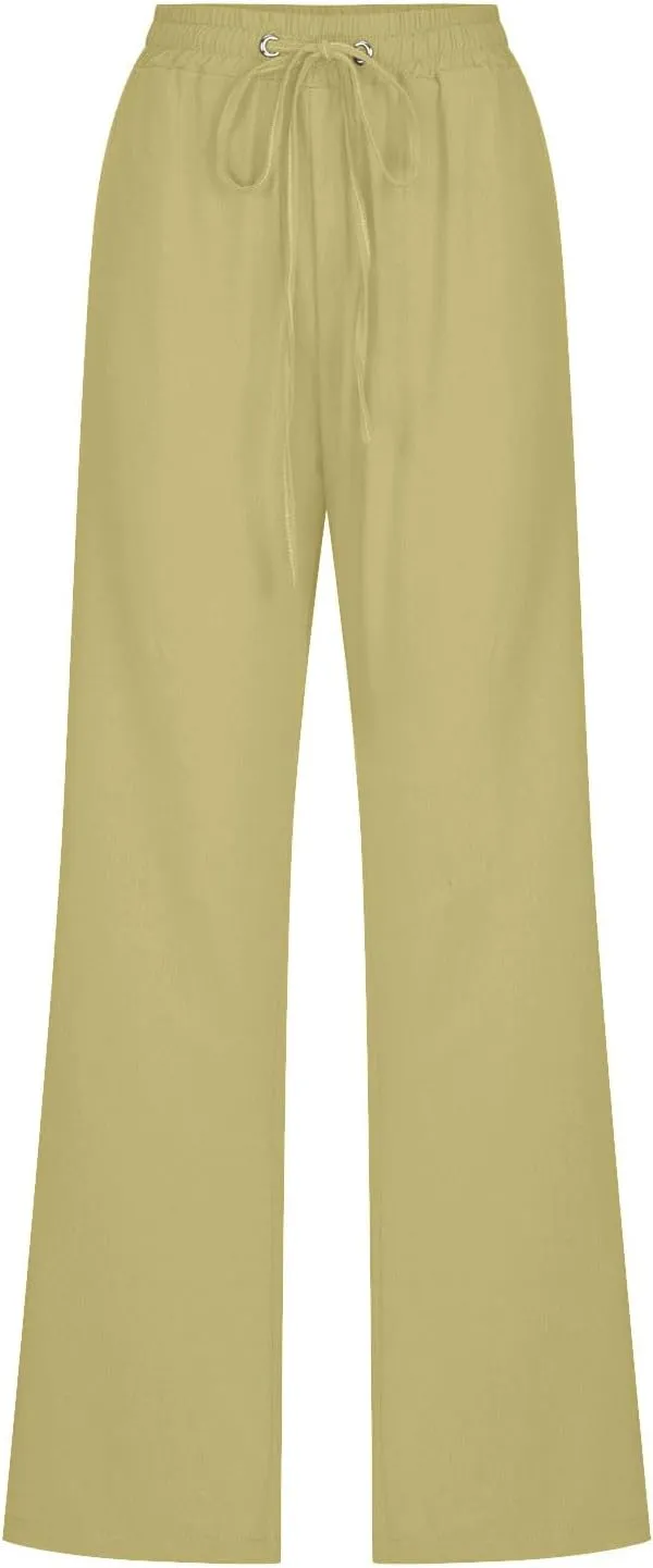 Ruziyoog Summer Cotton Linen Pants for Women Casual Solid Straight Leg Pants Drawstring Elastic High Waist Palazzo Trousers