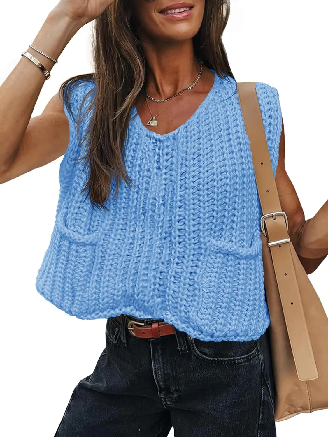 Saodimallsu Womens Summer Cap Sleeve Tops V Neck Chunky Knit Loose Knitted Top Lightweight Cropped Sweater Vest