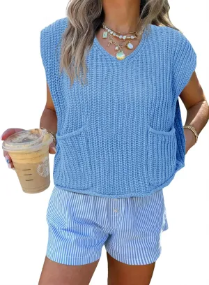 Saodimallsu Womens Summer Cap Sleeve Tops V Neck Chunky Knit Loose Knitted Top Lightweight Cropped Sweater Vest