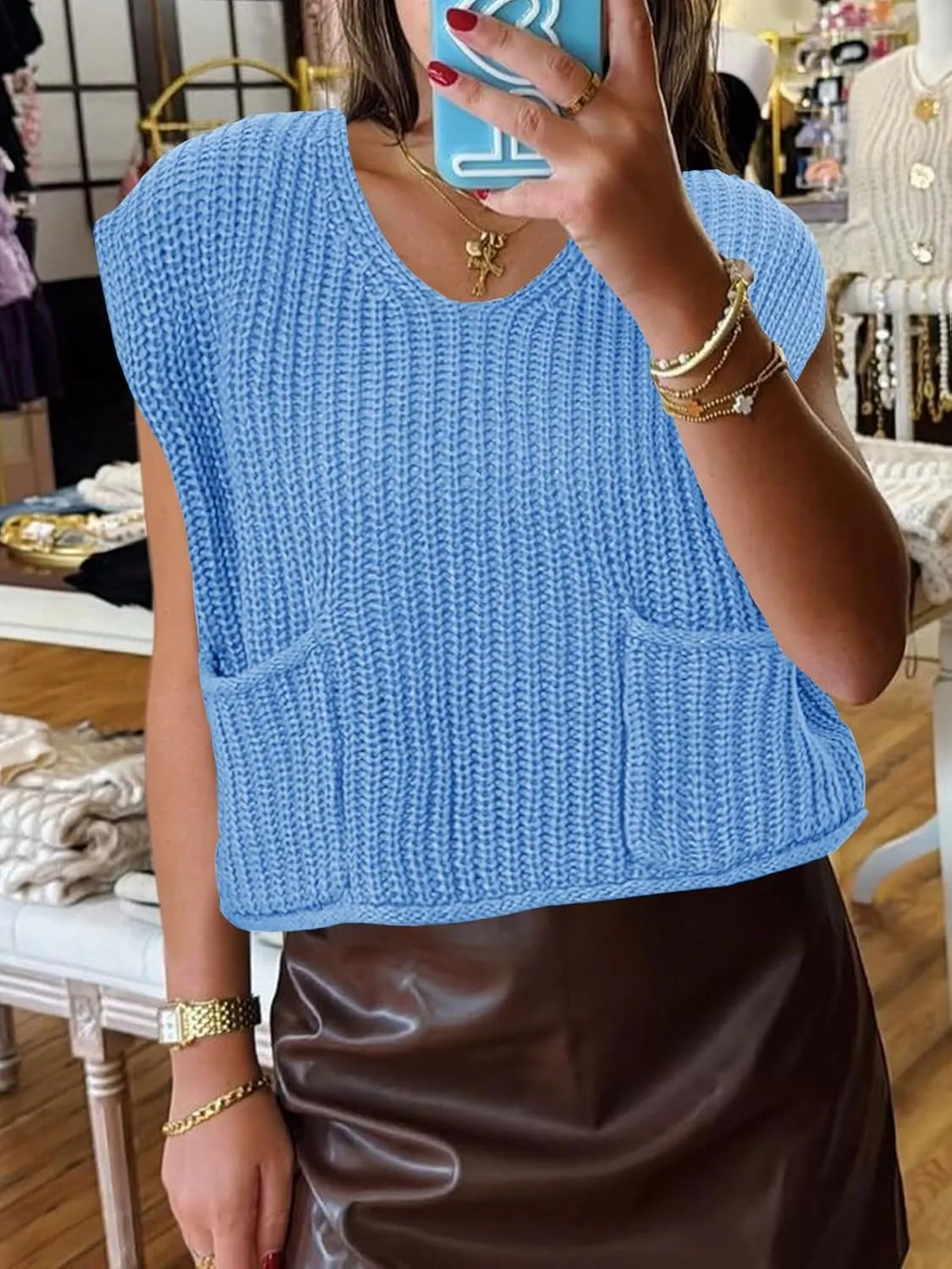 Saodimallsu Womens Summer Cap Sleeve Tops V Neck Chunky Knit Loose Knitted Top Lightweight Cropped Sweater Vest