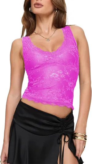 SAUNGKUAI Lace Going Out Tops for Women: V Neck Sleeveless Double Lined Y2K Tank Top Summer Outfits