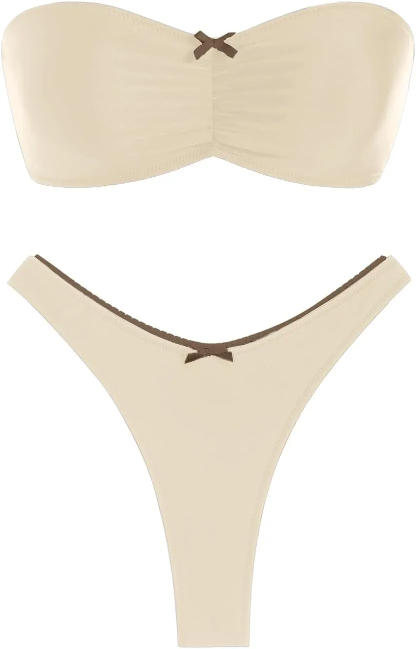 seamoly Strapless Swimsuits for Women Cute Ruched Bikini Bow Criss Cross Bathing Suit High Cut Vintage Bandeau Swimwear