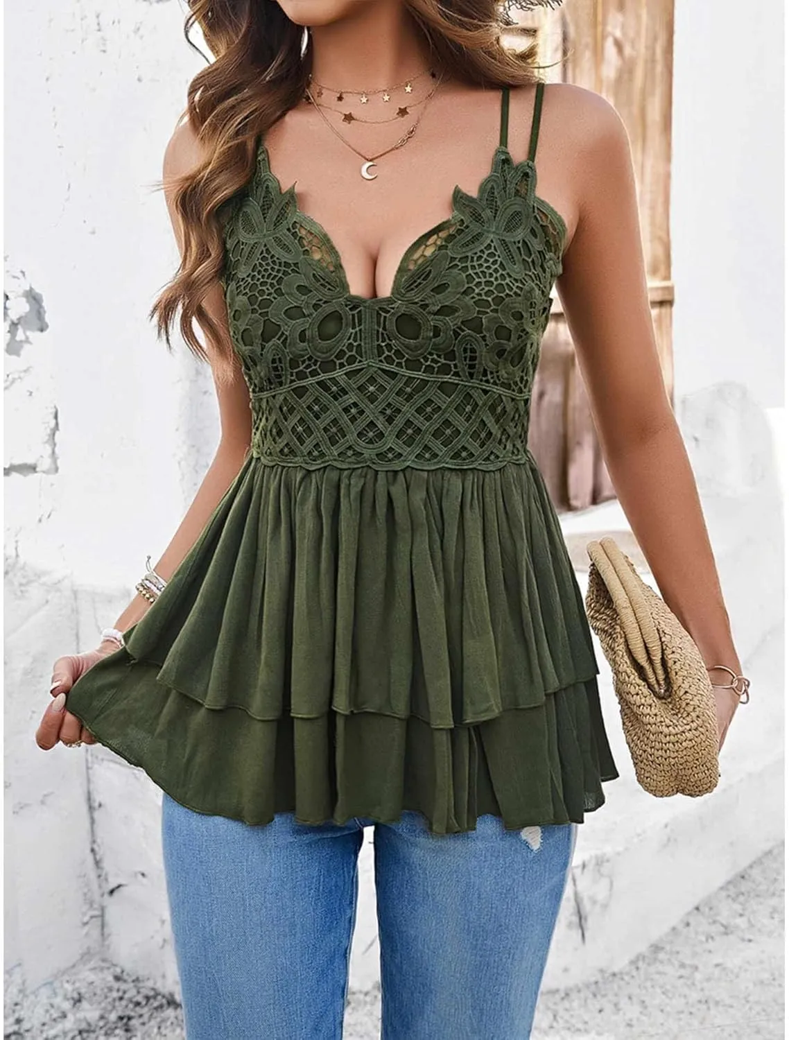 SEMATOMALA Women's Floral Lace Babydoll Tank Top Flowy V Neck Spaghetti Strap Peplum Summer Cami Sleeveless Shirts