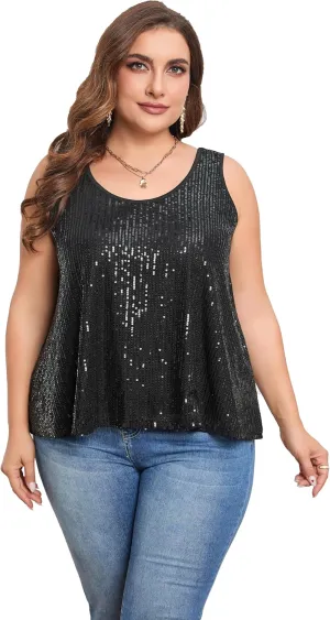 Sequin Tops Plus Size Glitter Tank Top Sleeveless Sparkle Shimmer Shirt Tops Camisole Vest