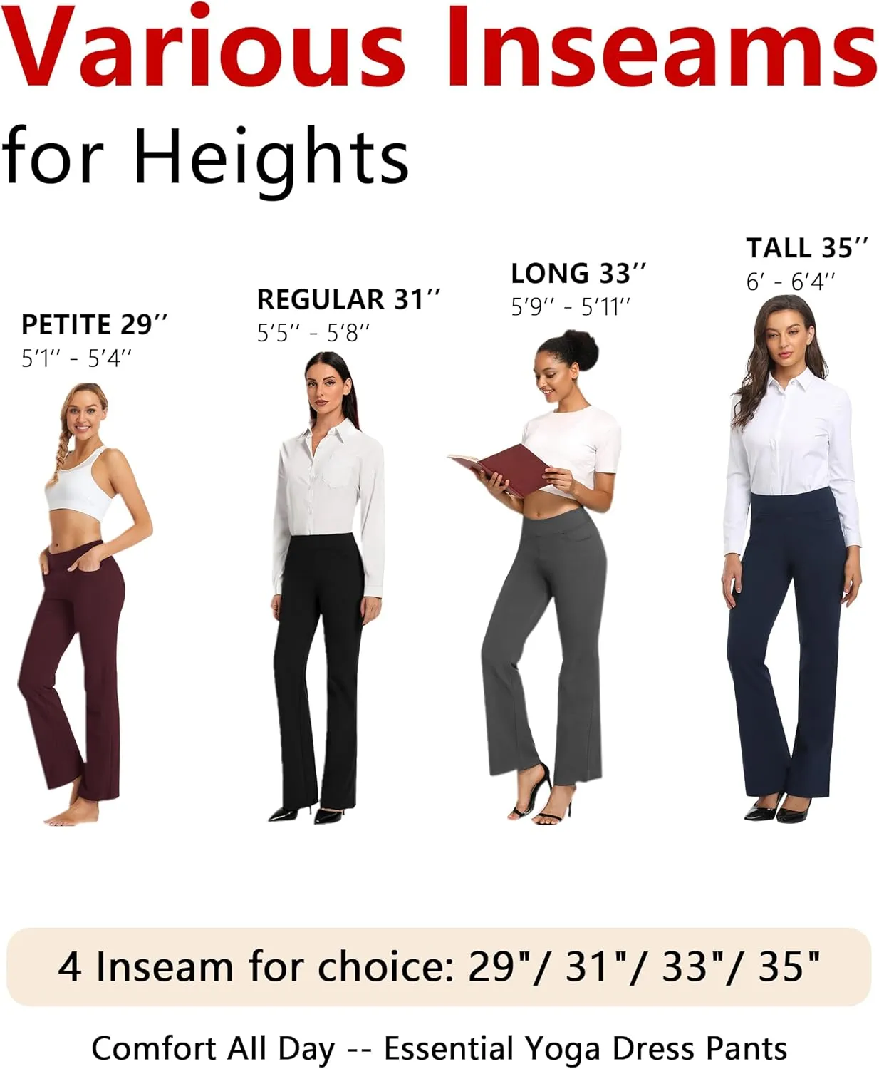 SEVEGO 29"/31"/33"/35" Inseam Women's Bootcut Yoga Dress Pants High Waist Stretch Work Pants Petite, Regular, Long, Tall