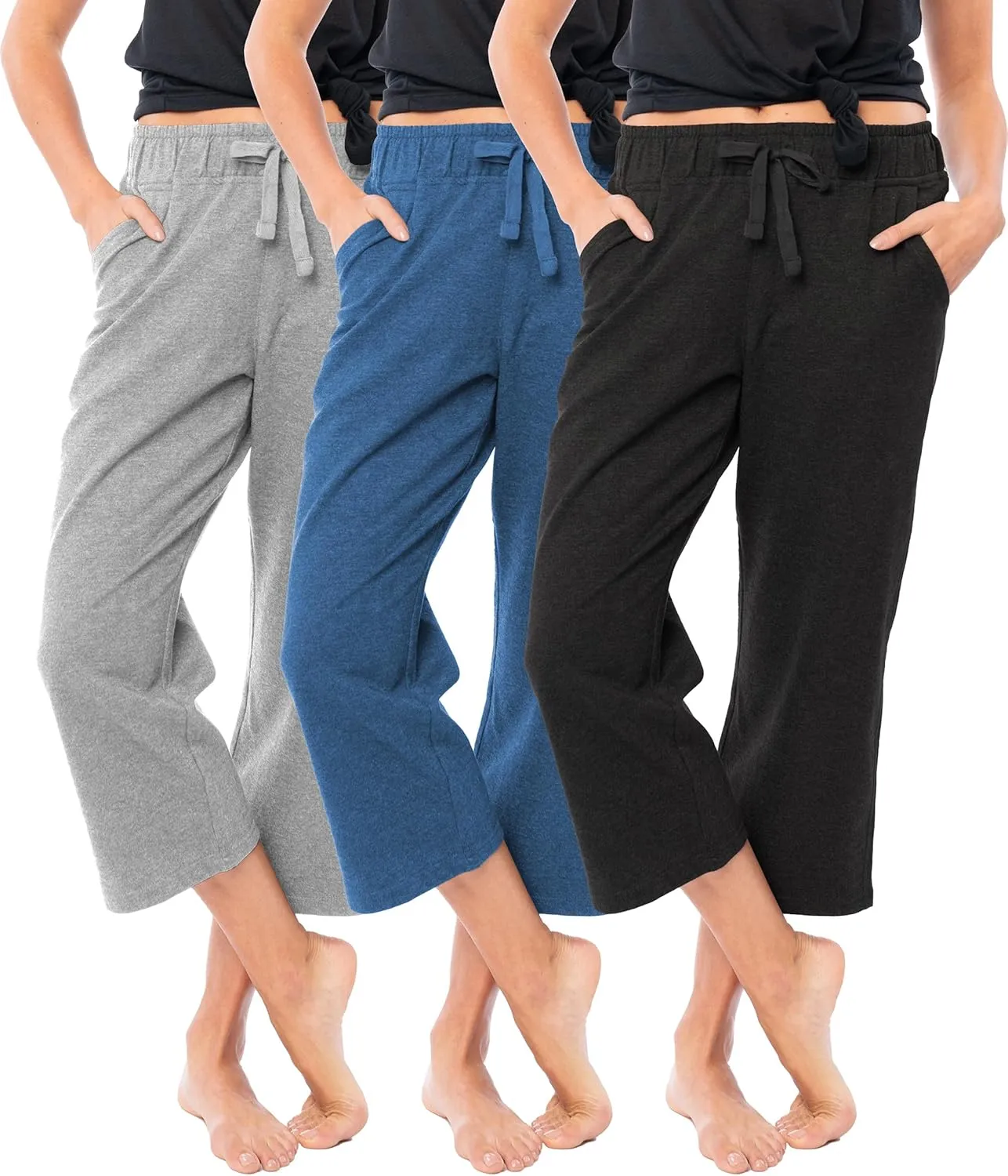 Sexy Basics Women's 3 Pack Drawstring Pants | French Terry Cotton Capri Bottoms