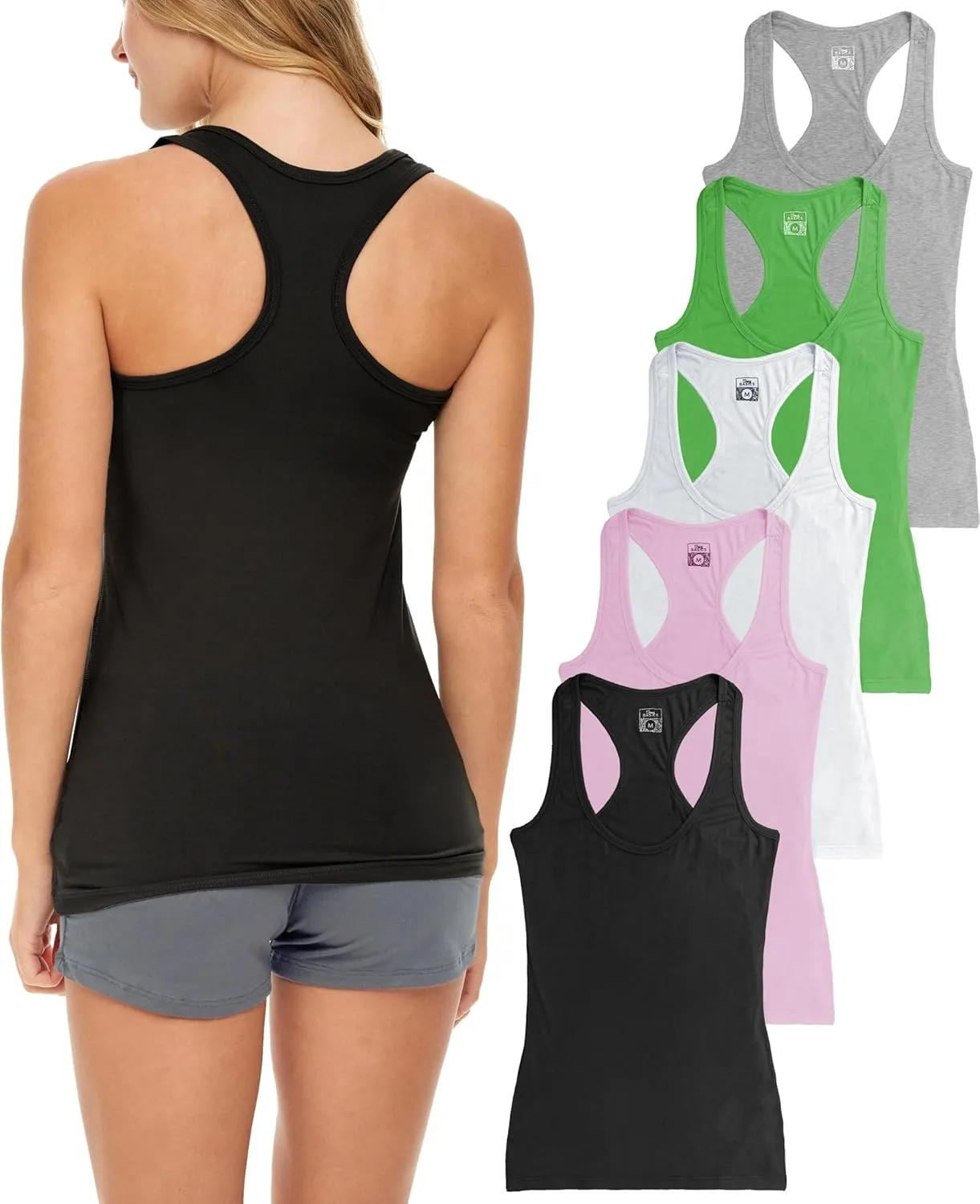 Sexy Basics Women's 5 Pack Racerback PowerFlex Tank Tops/Cotton -Spandex Stretch Color Tank Tops