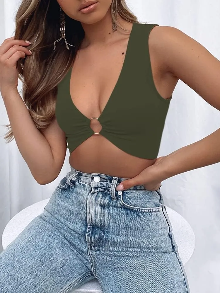Sexy Crop Tops for Women Sleeveless Deep V Neck Workout Tops Plunge Ring Cleavage Cropped Tank Top