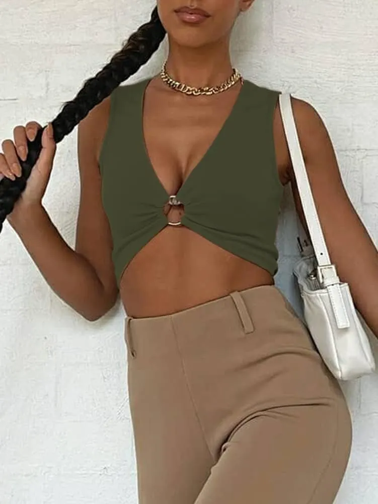 Sexy Crop Tops for Women Sleeveless Deep V Neck Workout Tops Plunge Ring Cleavage Cropped Tank Top