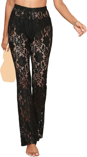 Sexy Women Y2K Lace Flare Pants High Waist See-Through Sheer Mesh Leggings Coquette Wide Leg Bell-Bottom Trousers