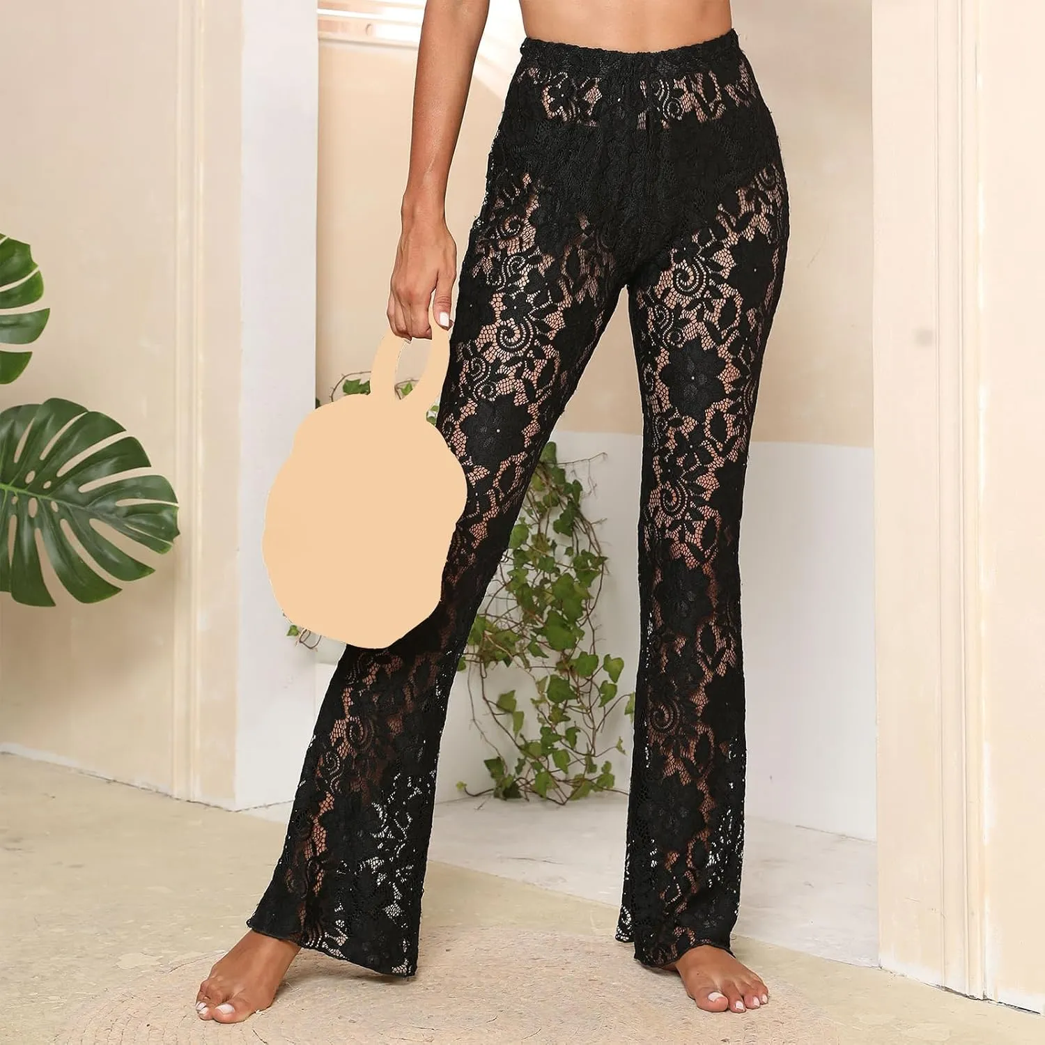 Sexy Women Y2K Lace Flare Pants High Waist See-Through Sheer Mesh Leggings Coquette Wide Leg Bell-Bottom Trousers