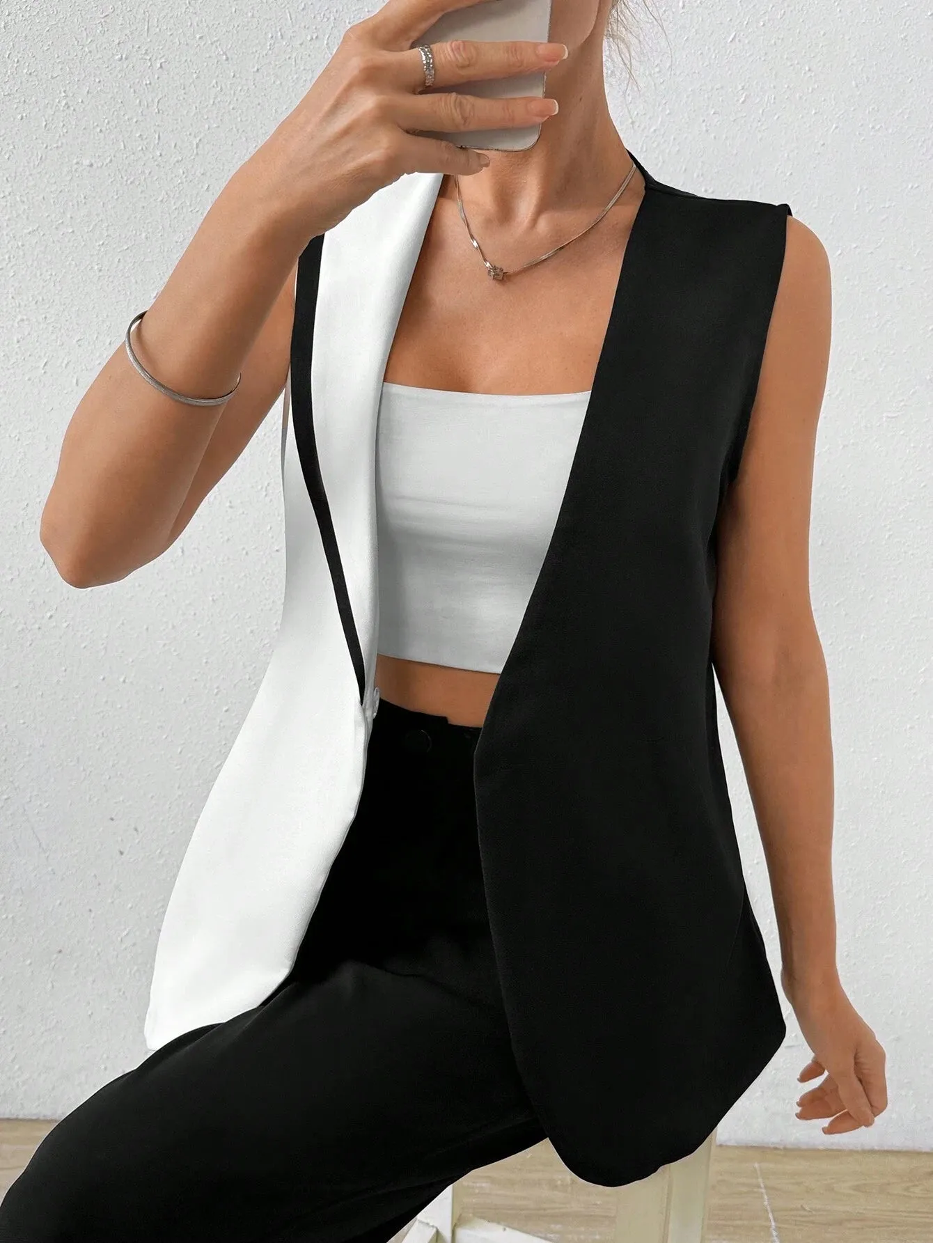 SHEIN Clasi Women's Sleeveless Color Block Blazer Jacket
