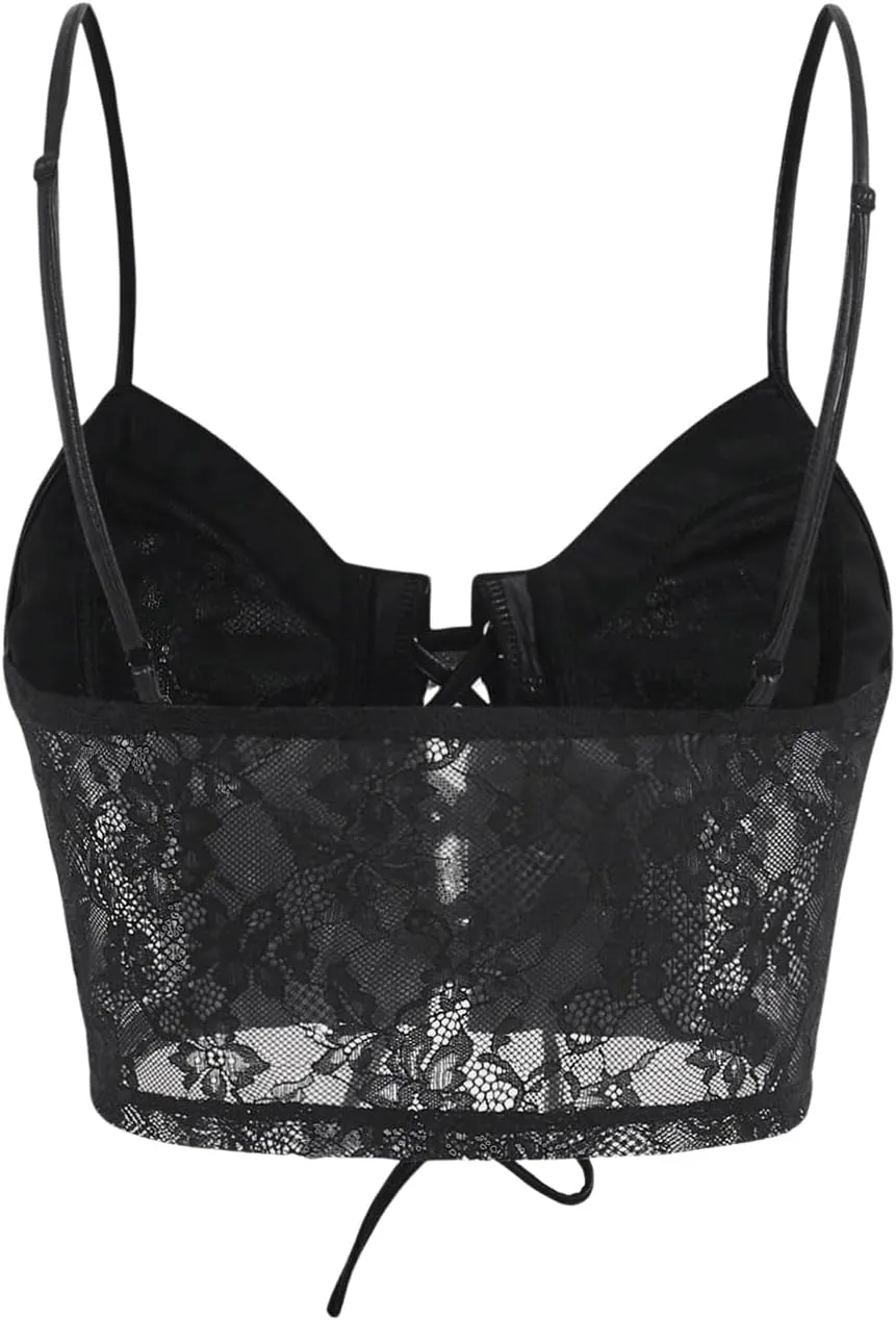 SHENHE Women's Leather Crop Tops Lace Studded Lace Up Y2k Bustier Sexy Camisole Tops