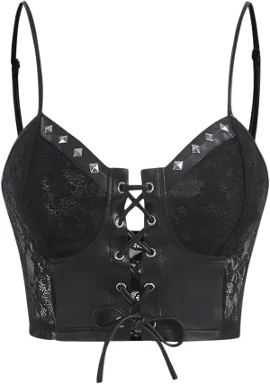 SHENHE Women's Leather Crop Tops Lace Studded Lace Up Y2k Bustier Sexy Camisole Tops