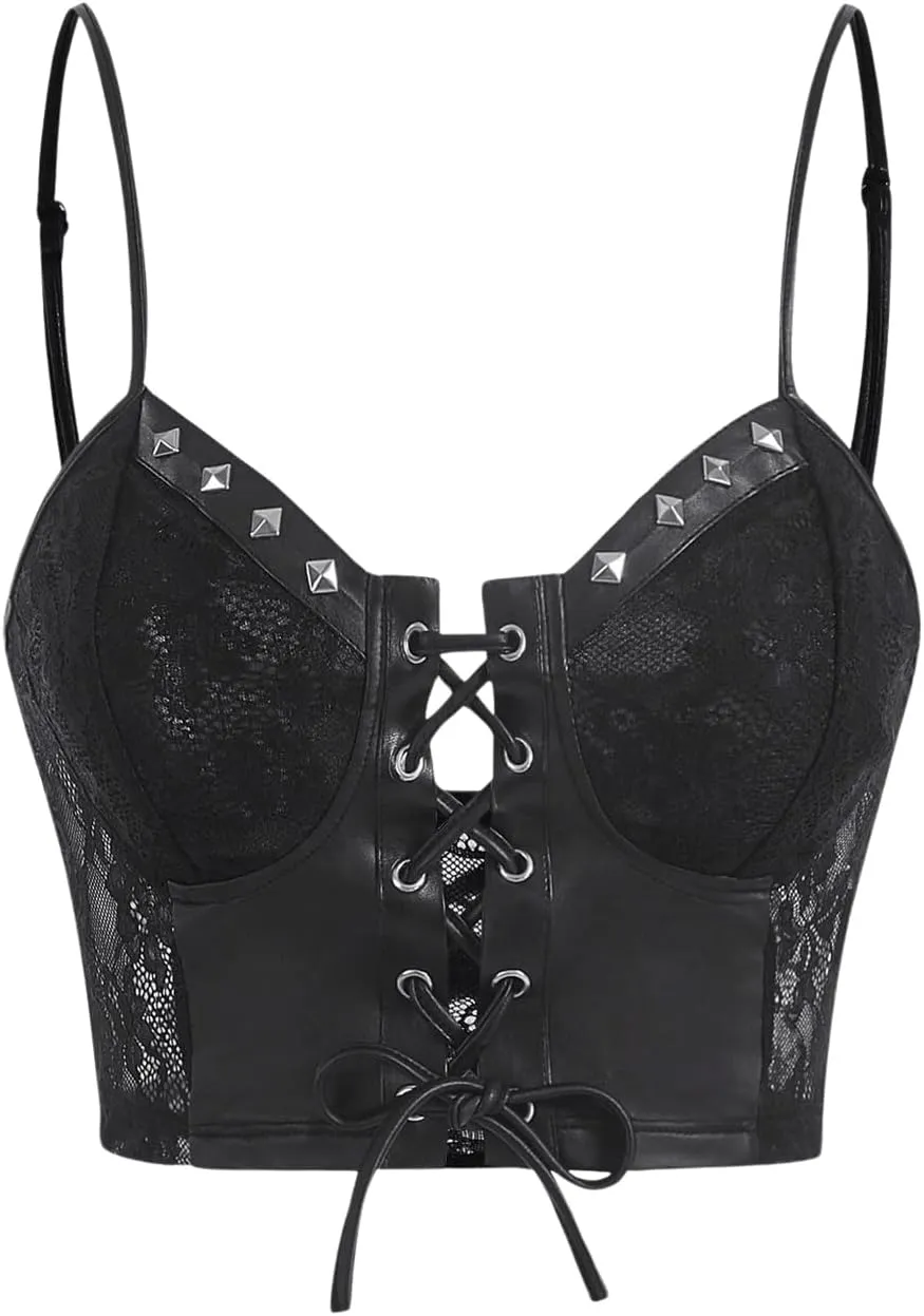 SHENHE Women's Leather Crop Tops Lace Studded Lace Up Y2k Bustier Sexy Camisole Tops
