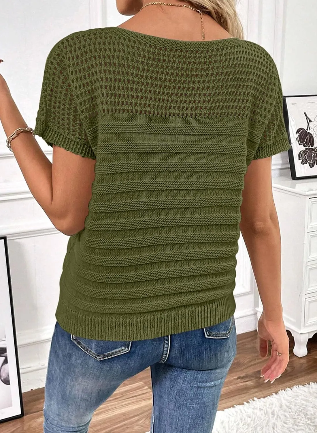 SHEWIN Womens Sweaters Crew Neck Short Sleeve Shirts Summer Tops Knit Hollow Out T Shirts Sweater Blouses