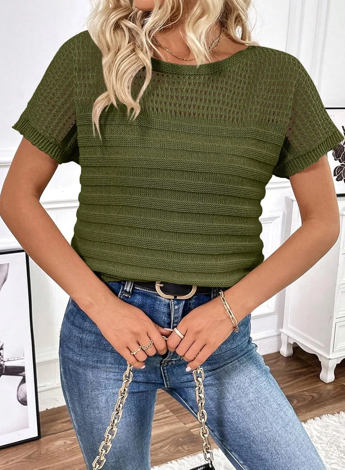SHEWIN Womens Sweaters Crew Neck Short Sleeve Shirts Summer Tops Knit Hollow Out T Shirts Sweater Blouses