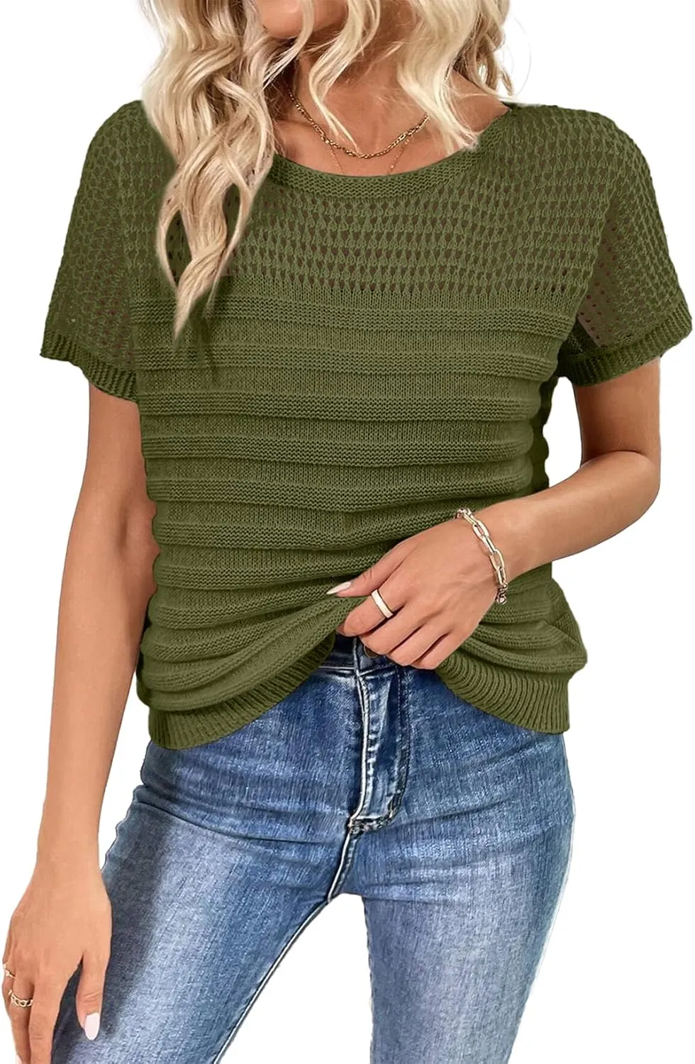 SHEWIN Womens Sweaters Crew Neck Short Sleeve Shirts Summer Tops Knit Hollow Out T Shirts Sweater Blouses
