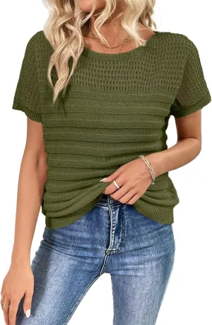 SHEWIN Womens Sweaters Crew Neck Short Sleeve Shirts Summer Tops Knit Hollow Out T Shirts Sweater Blouses