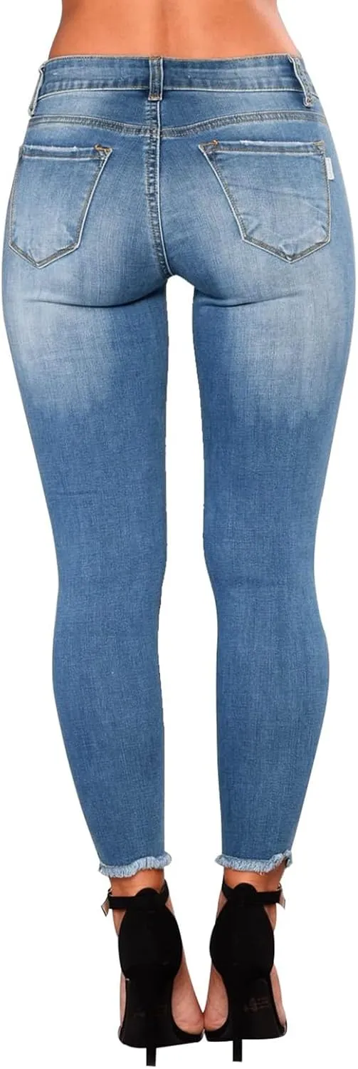Skinny Jeans for Women Trendy Destroyed Ripped Stretchy High Waisted Jeans Casual Tummy Control Button Denim Pants