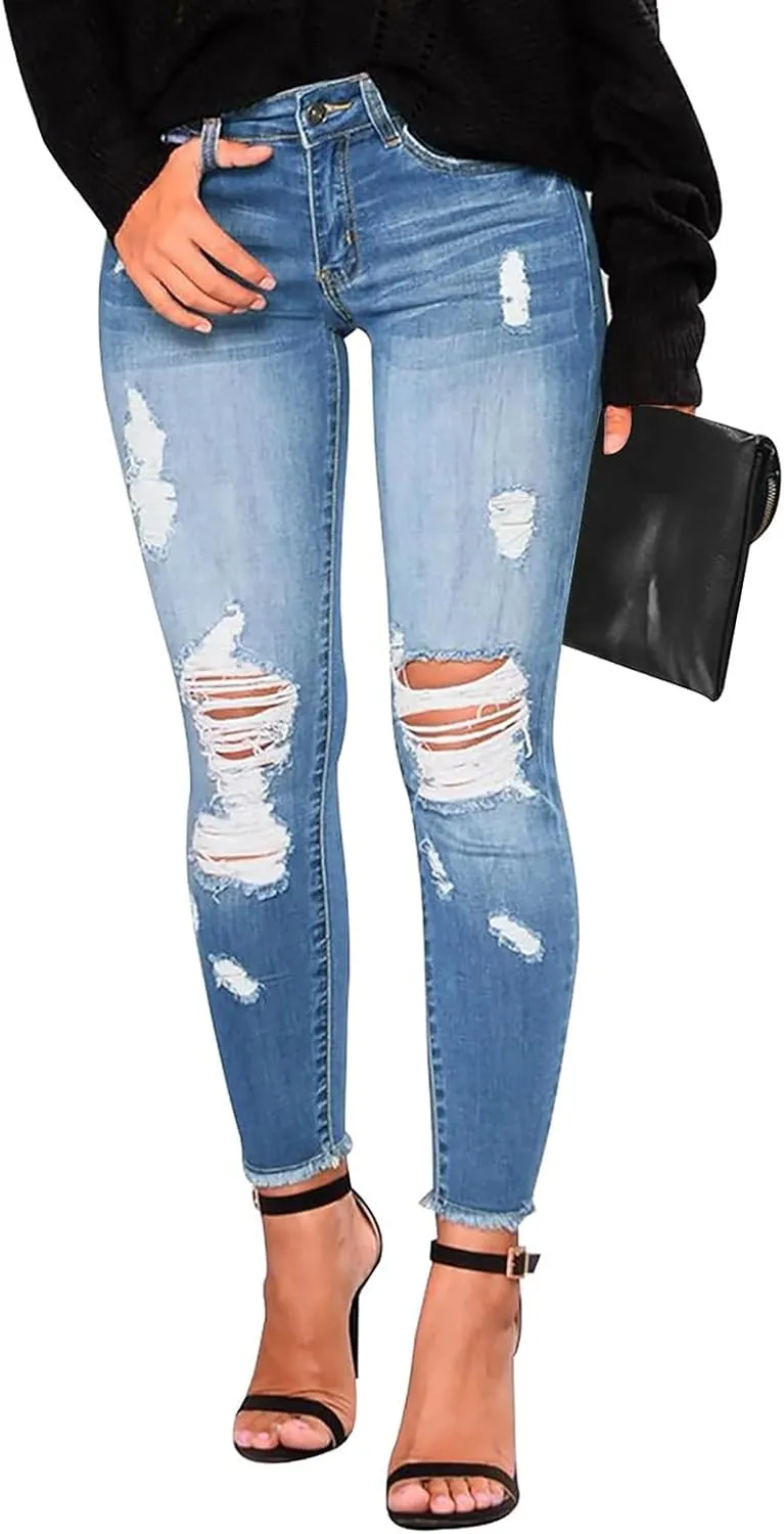 Skinny Jeans for Women Trendy Destroyed Ripped Stretchy High Waisted Jeans Casual Tummy Control Button Denim Pants