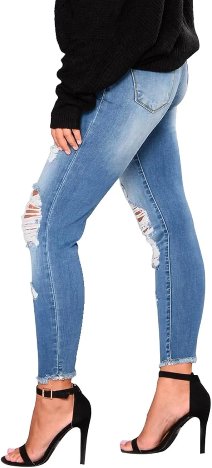 Skinny Jeans for Women Trendy Destroyed Ripped Stretchy High Waisted Jeans Casual Tummy Control Button Denim Pants