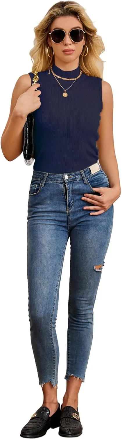 Sleeveless Mock Neck Tops for Women Ribbed Sweater Vest Mock Turtleneck Sleeveless Tops