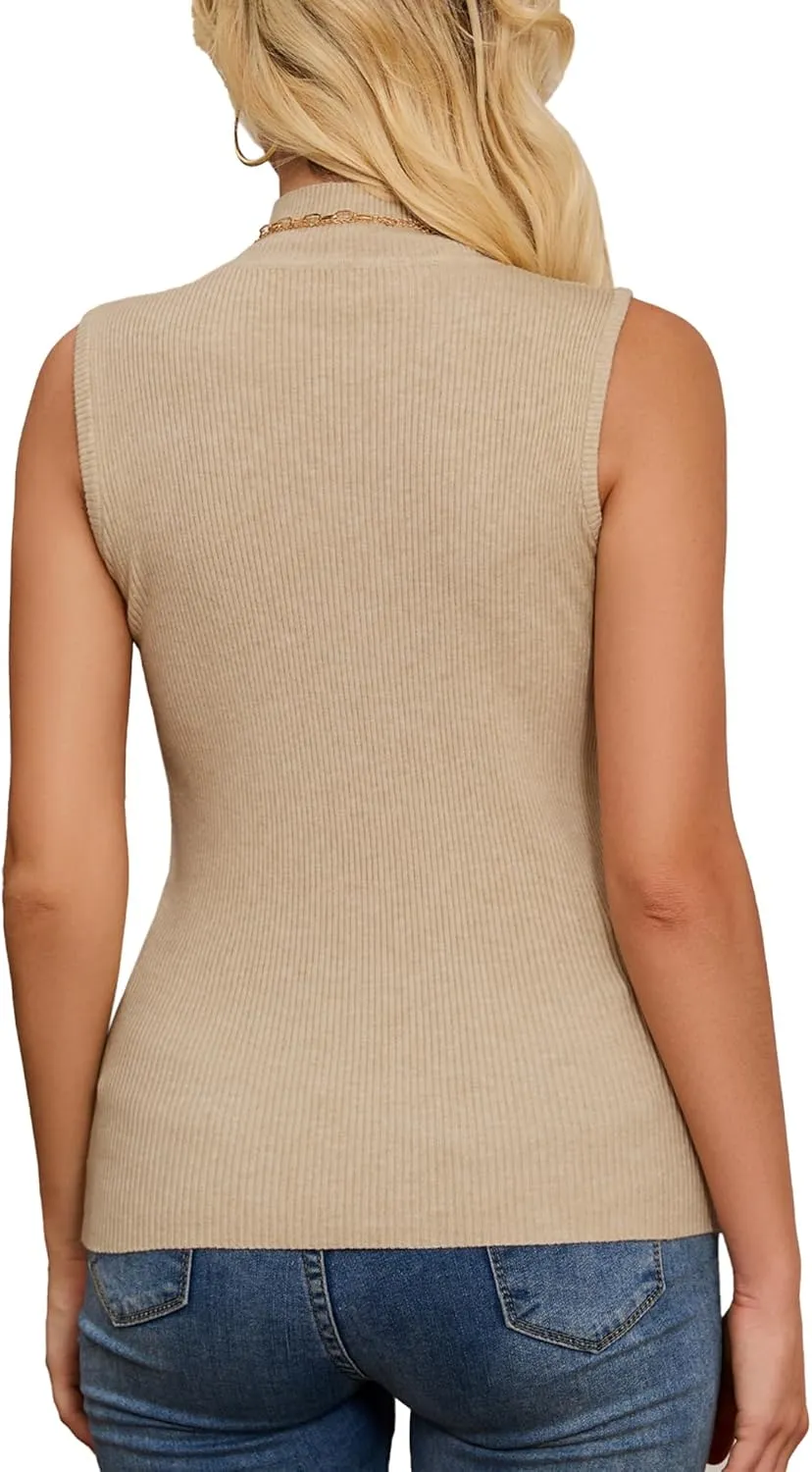 Sleeveless Mock Neck Tops for Women Ribbed Sweater Vest Mock Turtleneck Sleeveless Tops