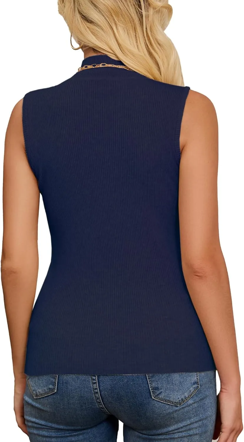 Sleeveless Mock Neck Tops for Women Ribbed Sweater Vest Mock Turtleneck Sleeveless Tops