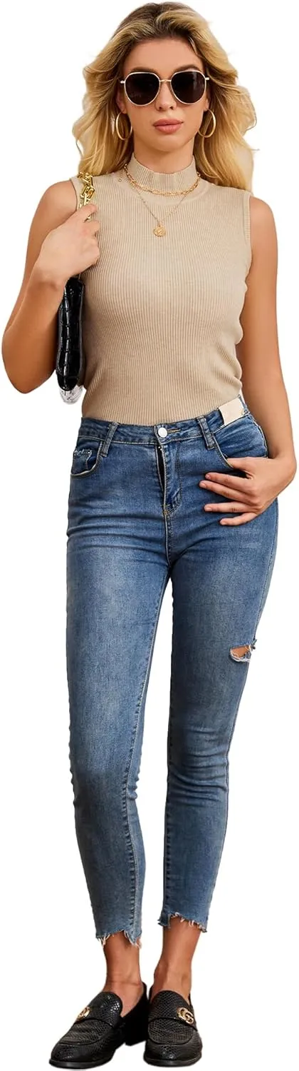 Sleeveless Mock Neck Tops for Women Ribbed Sweater Vest Mock Turtleneck Sleeveless Tops