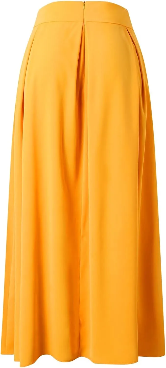 Solid Color Women Skirts Pleated with Pockets Dress Plus Size A Line High Waist Summer 2023 Modest Robe Classy Flowy