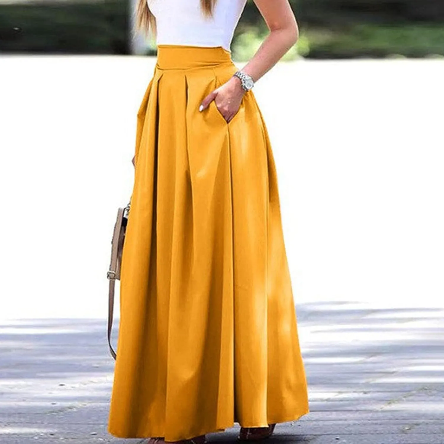 Solid Color Women Skirts Pleated with Pockets Dress Plus Size A Line High Waist Summer 2023 Modest Robe Classy Flowy