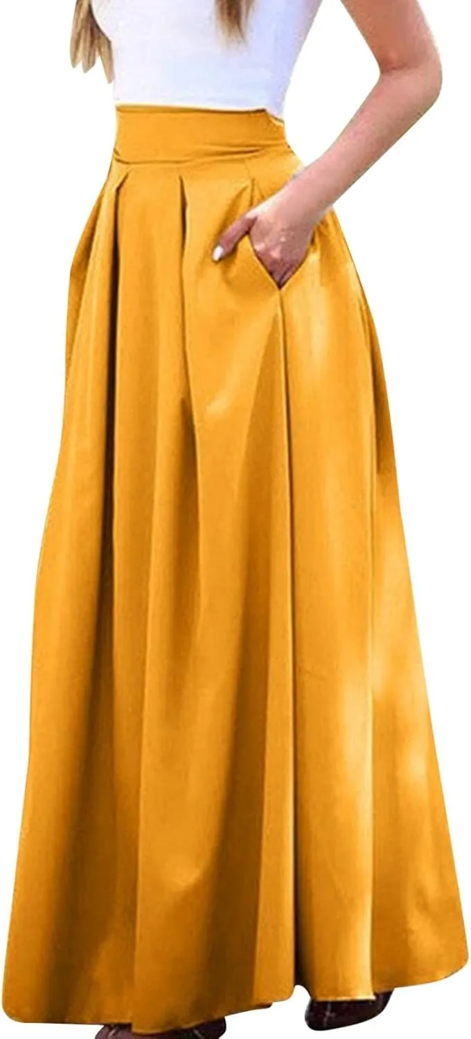 Solid Color Women Skirts Pleated with Pockets Dress Plus Size A Line High Waist Summer 2023 Modest Robe Classy Flowy