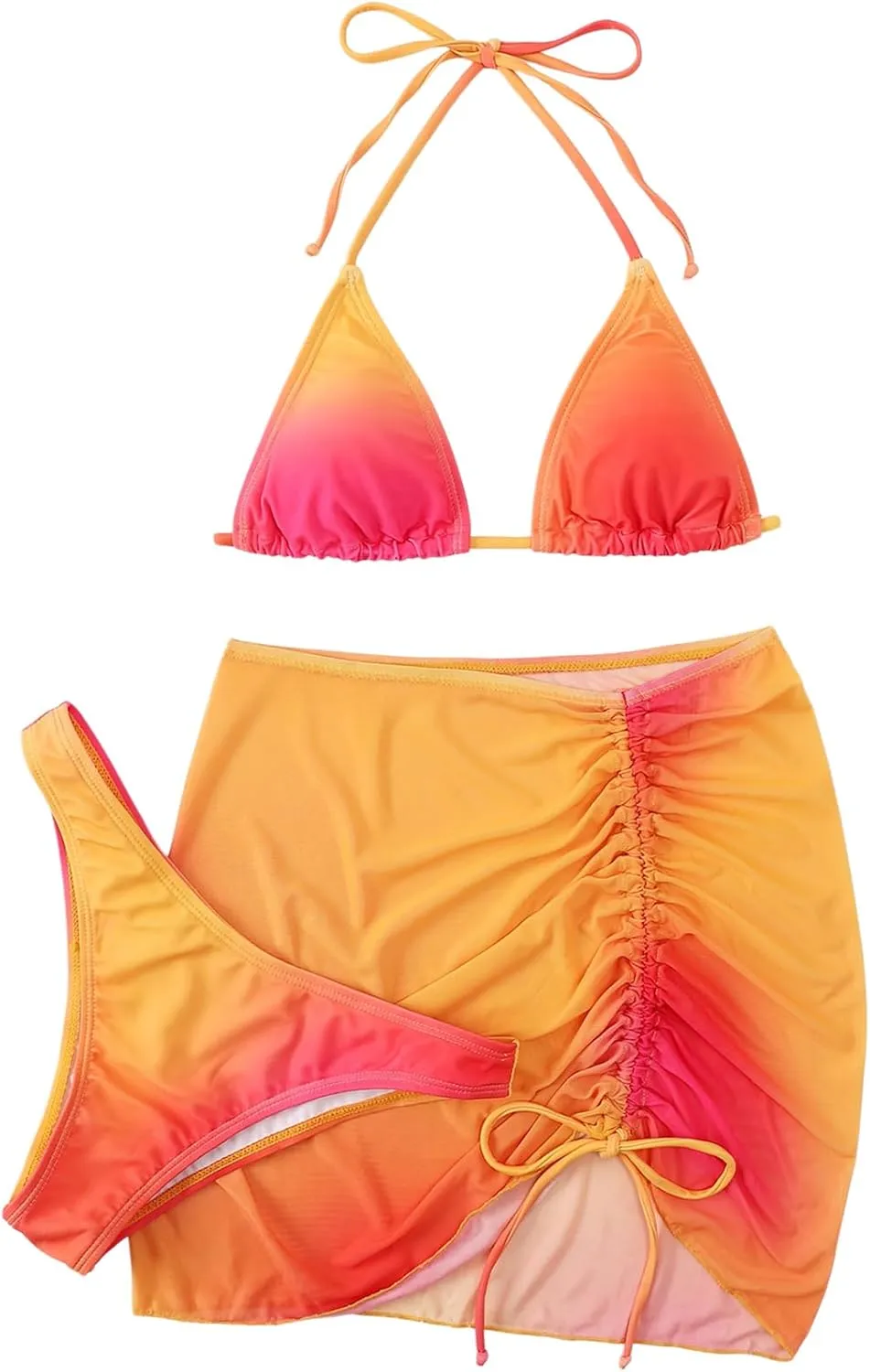 SOLY HUX Women's 3 Piece Swimsuit Ombre Halter Triangle Bikini Set Bathing Suit with Cover Up Beach Skirt