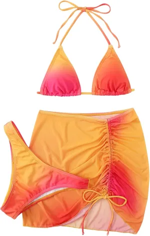 SOLY HUX Women's 3 Piece Swimsuit Ombre Halter Triangle Bikini Set Bathing Suit with Cover Up Beach Skirt
