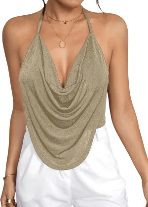 SOLY HUX Women's Cami Tops Cowl Neck Halter Backless Crop Top Draped Front Tops